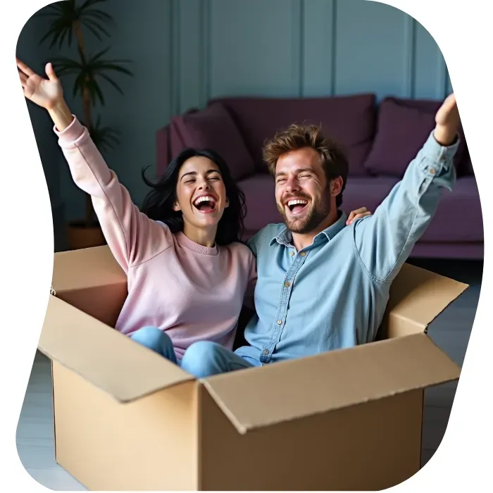 Two guys sitting on the floor of their apartment with Muval moving boxes