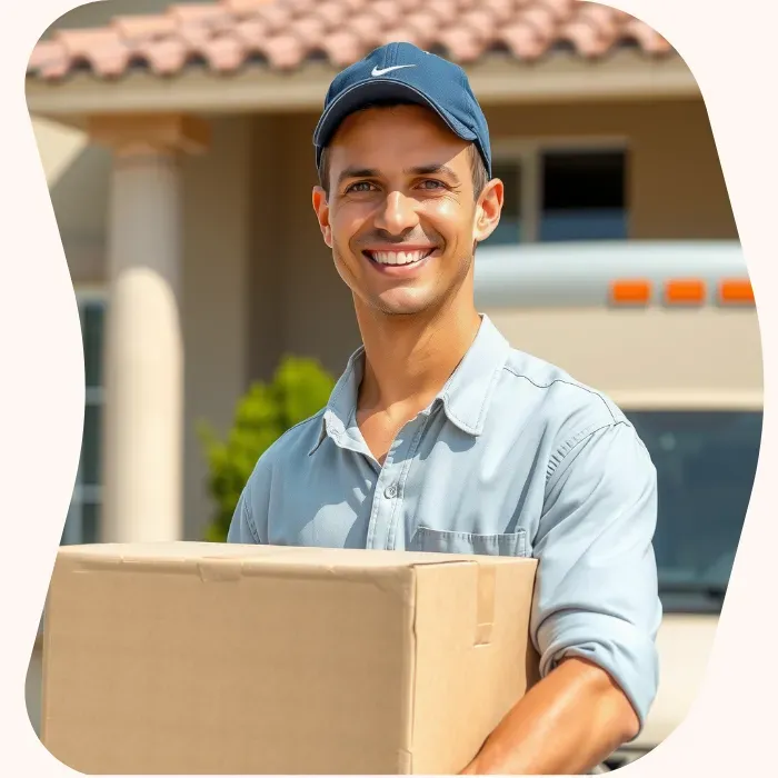 Two removalists moving boxes up stairs